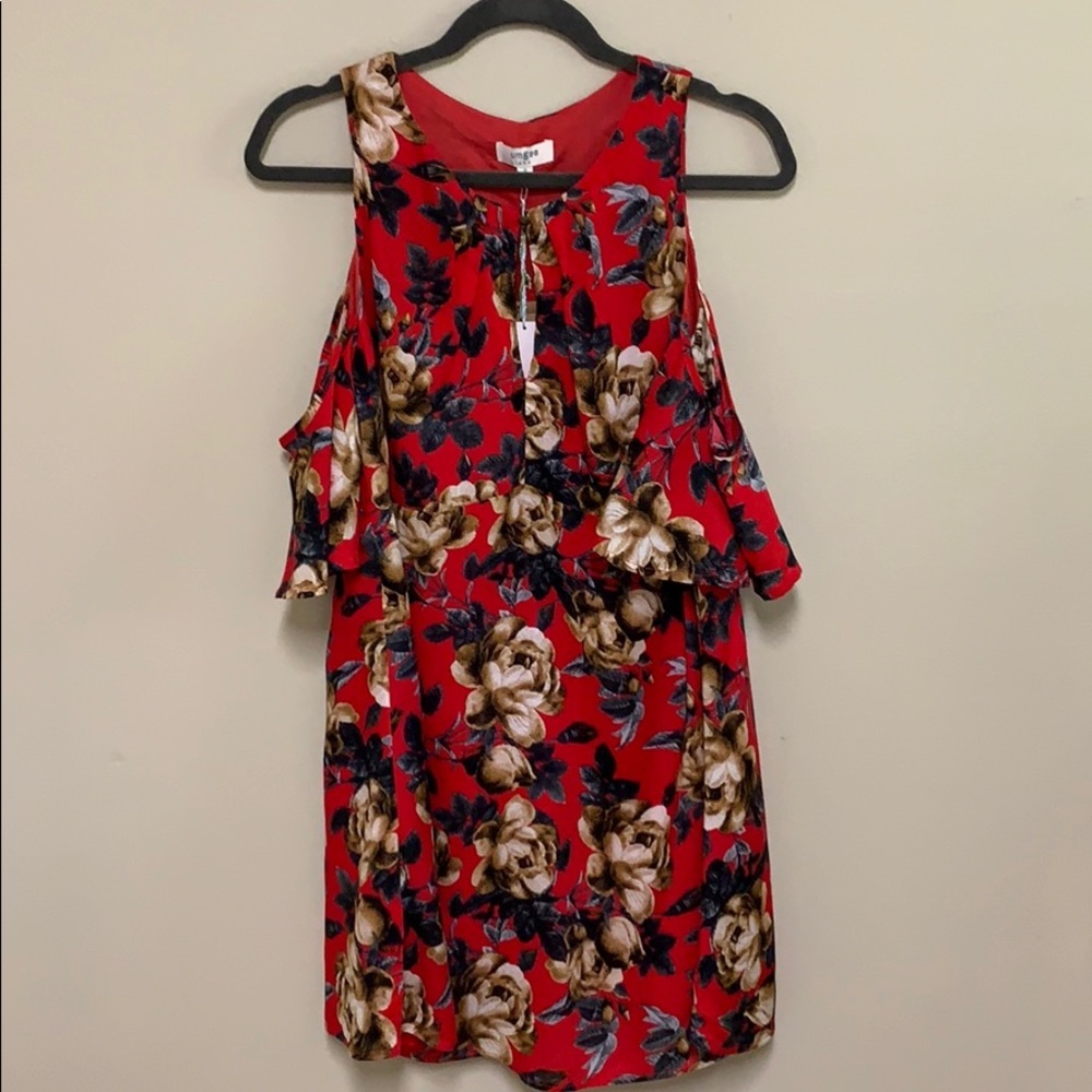 NWT! Umgee Red Cold Shoulder Floral Print Dress - Picture 2 of 8